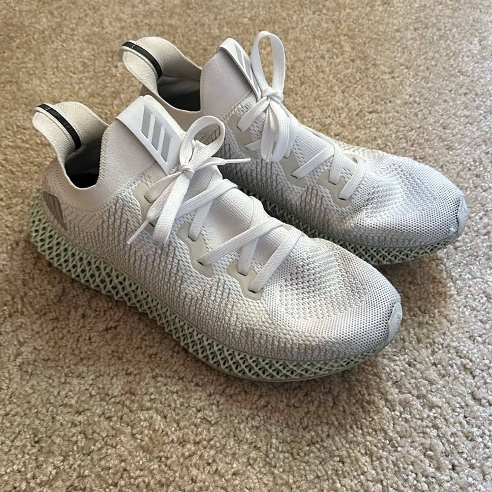 adidas White Knit Athletic Shoes with Light Green 4D Midsole